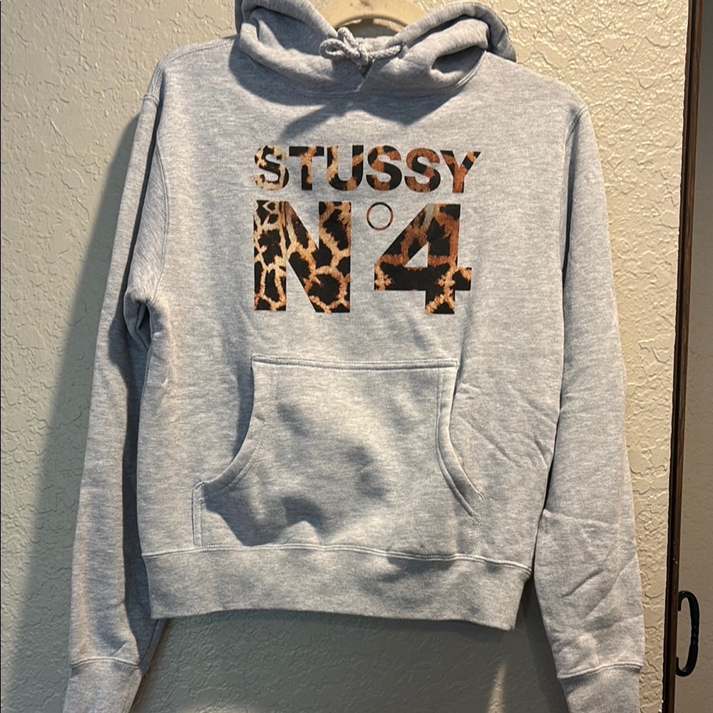 Stussy No 4 Gray Hoodie with Leopard Print Logo Sz Small NWT